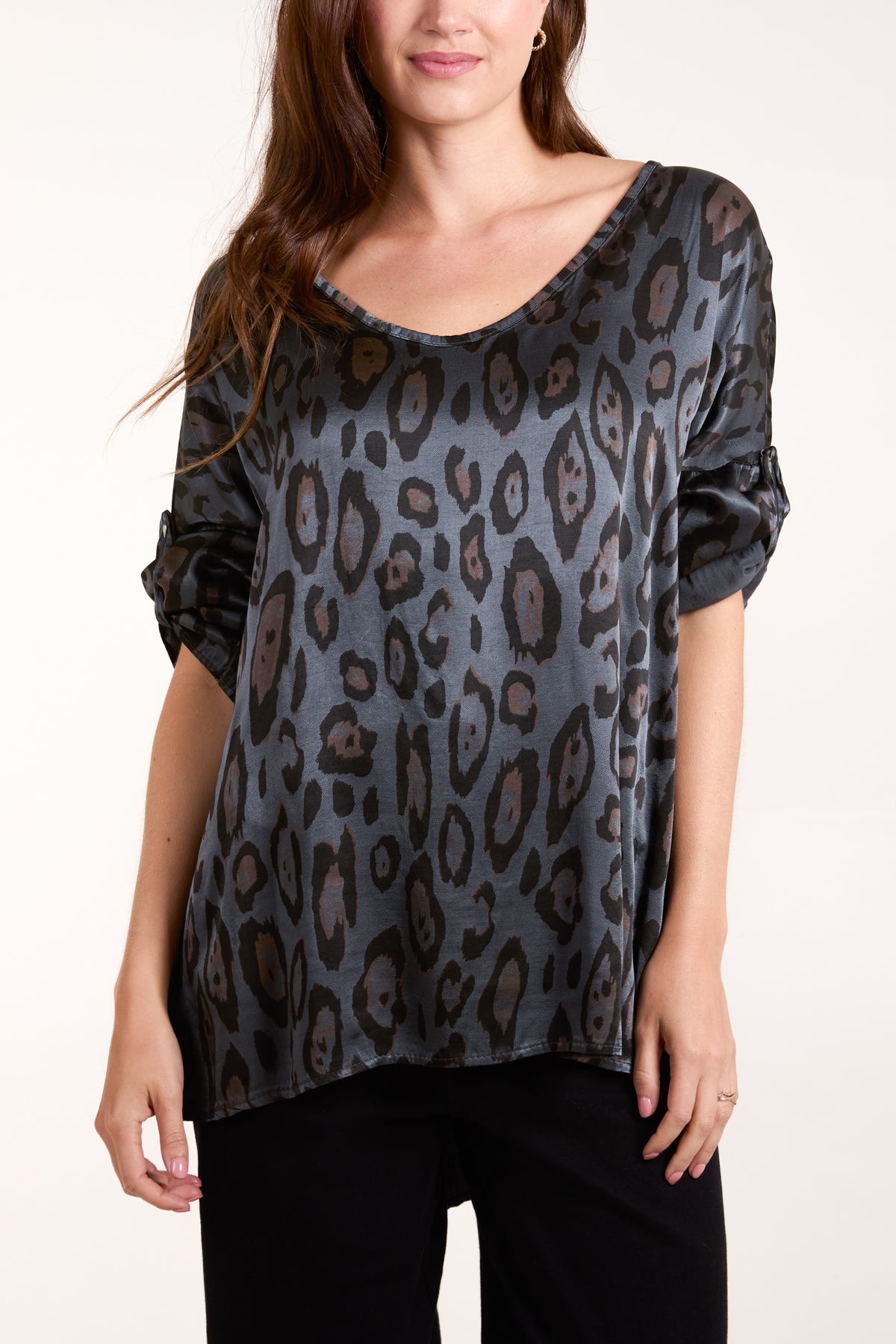 Satin Leopard Roll Sleeve Blouse