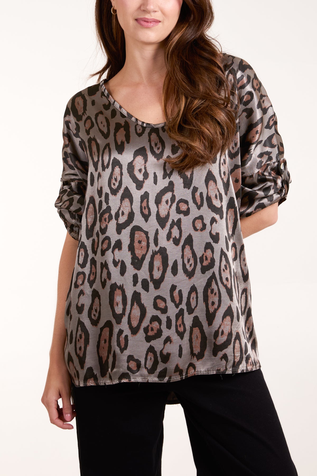 Satin Leopard Roll Sleeve Blouse