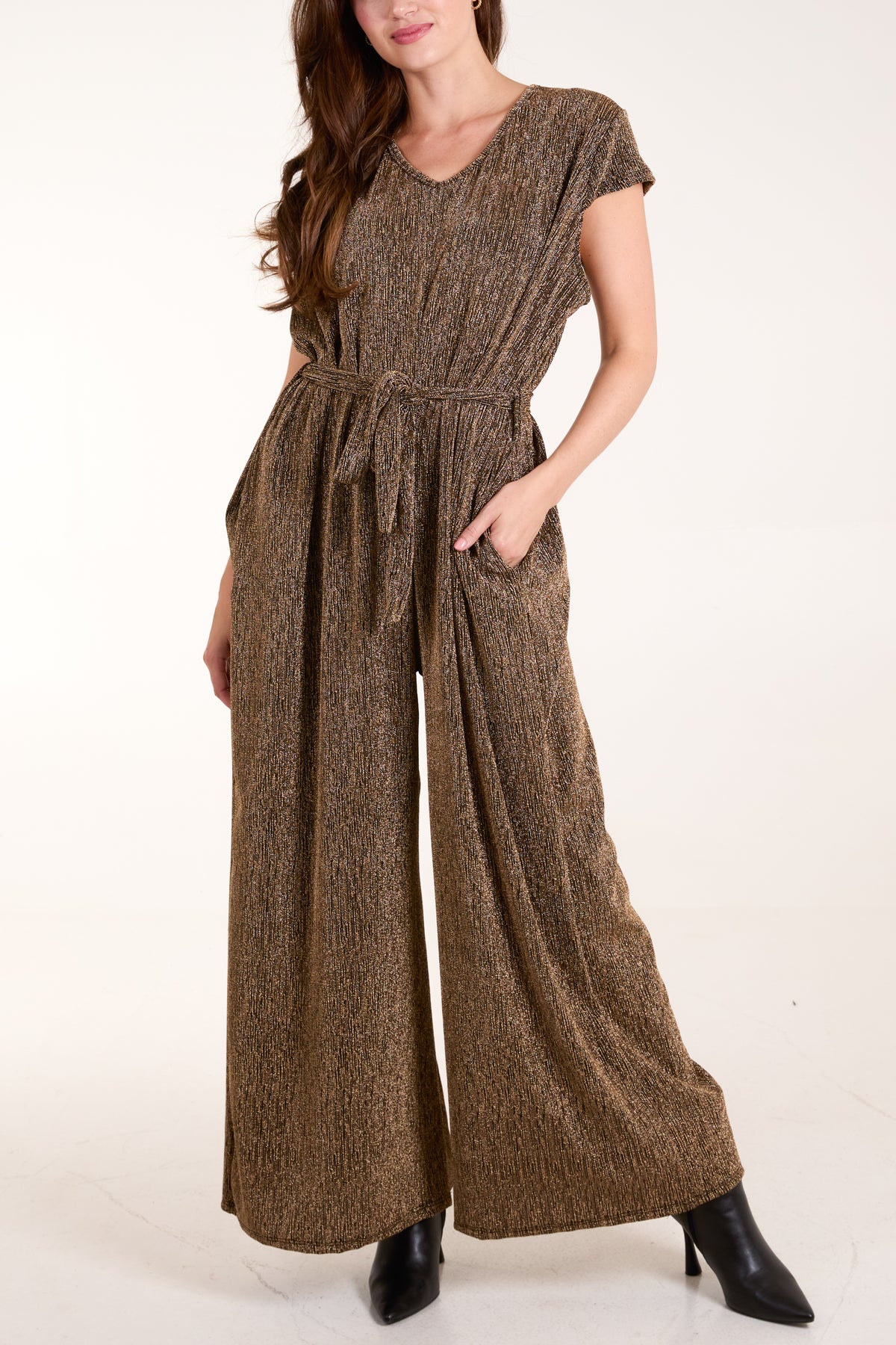 Glitter Lurex V-Neck Wide Leg Jumpsuit