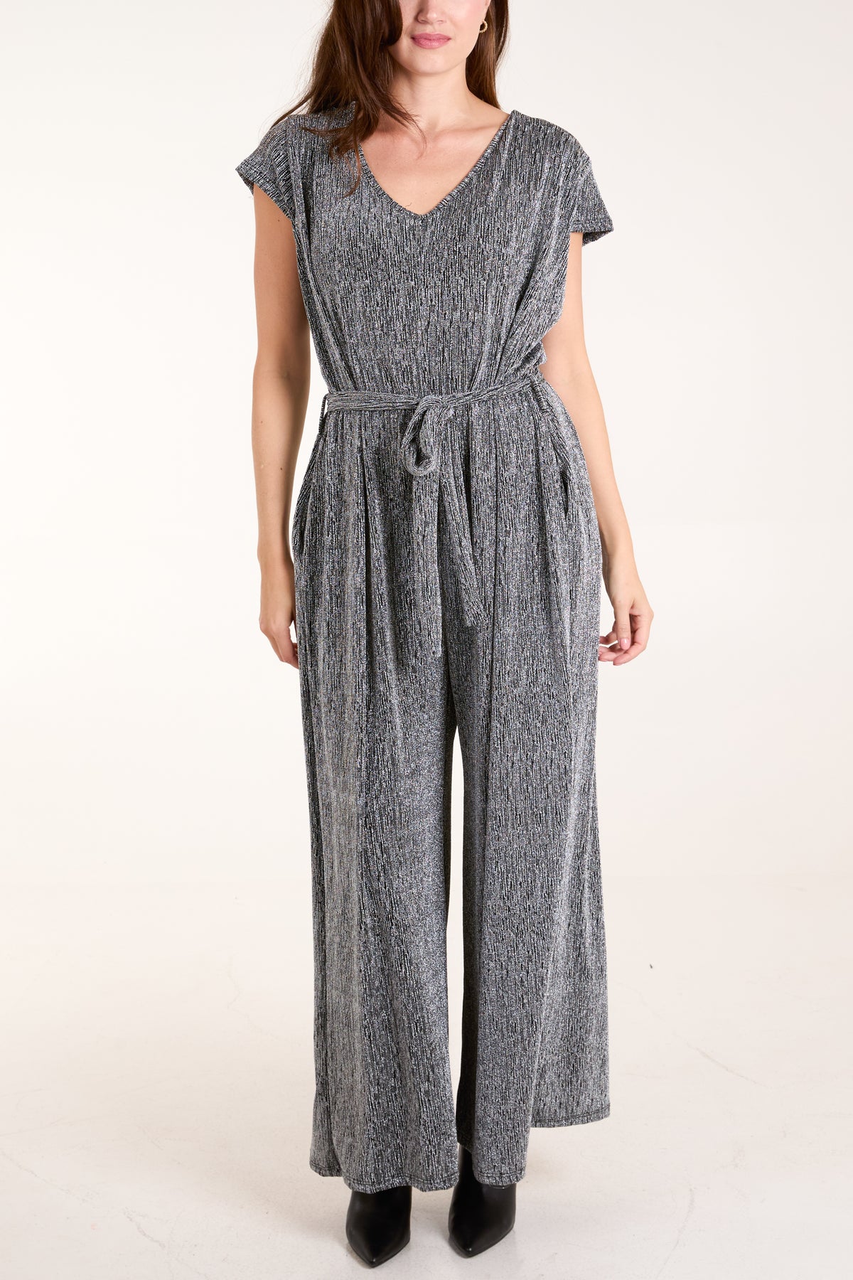 Glitter Lurex V-Neck Wide Leg Jumpsuit