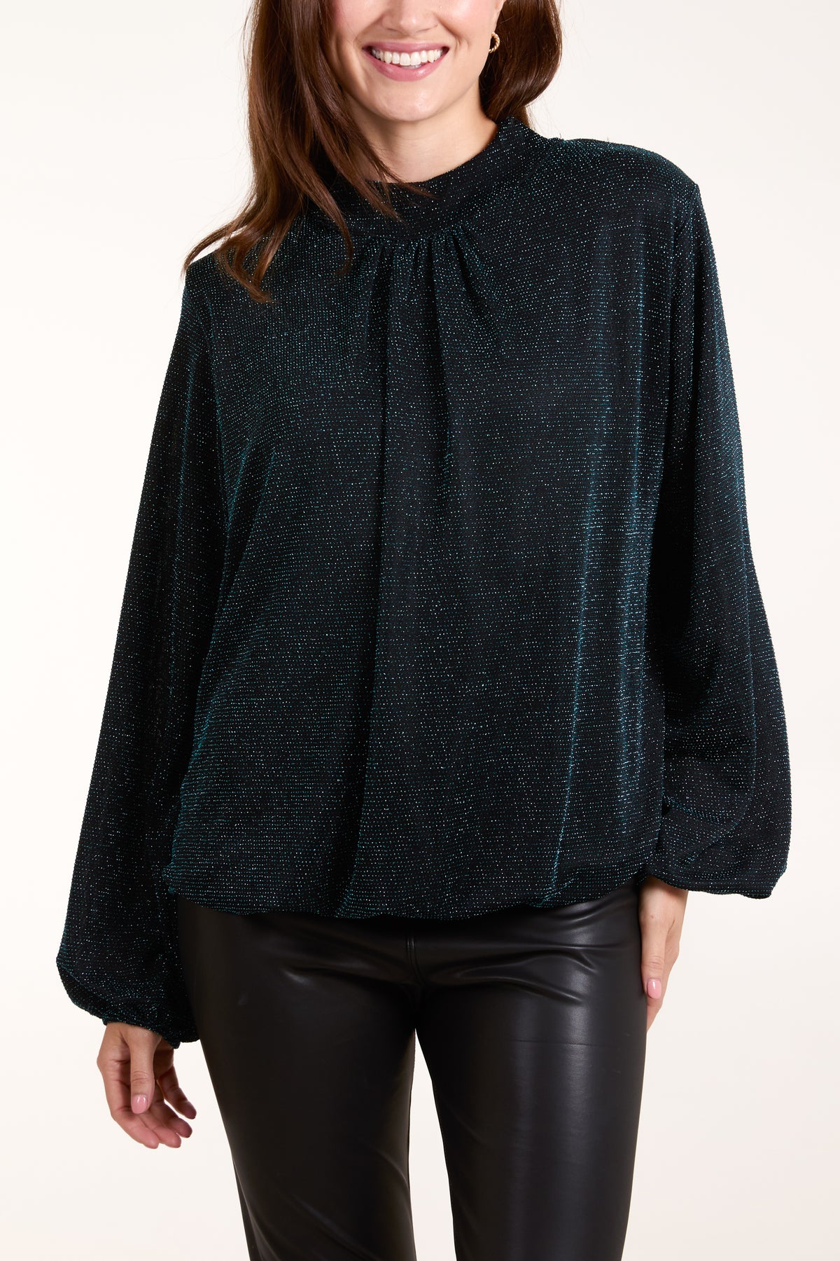 Metallic High Neck Puffball Blouse