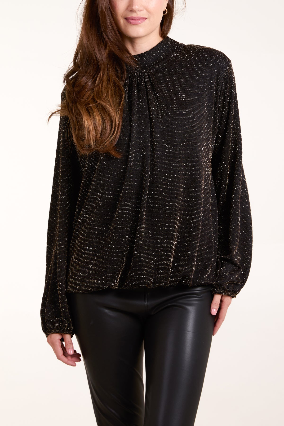 Metallic High Neck Puffball Blouse