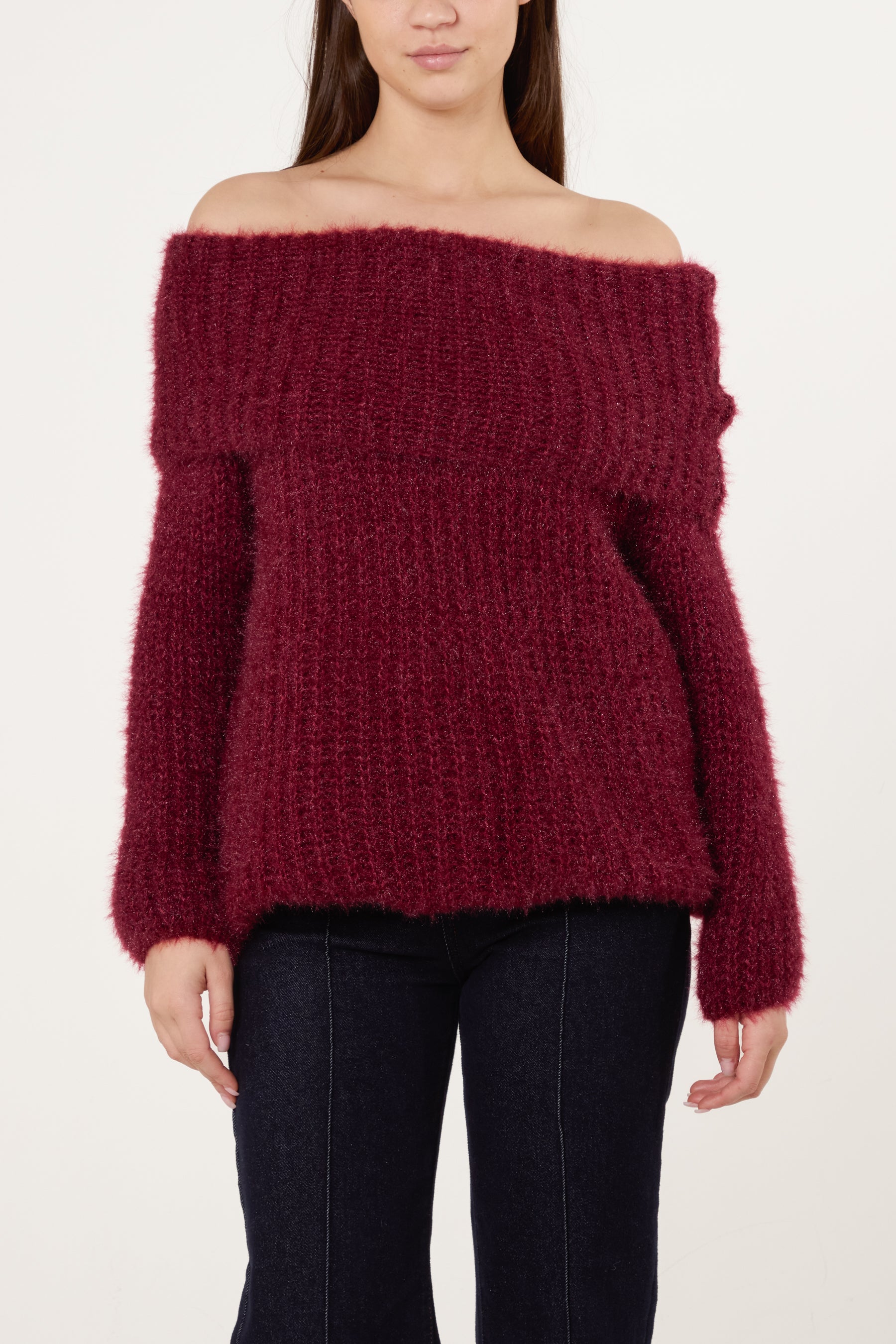Fluffy Knit Off Shoulders Jumper