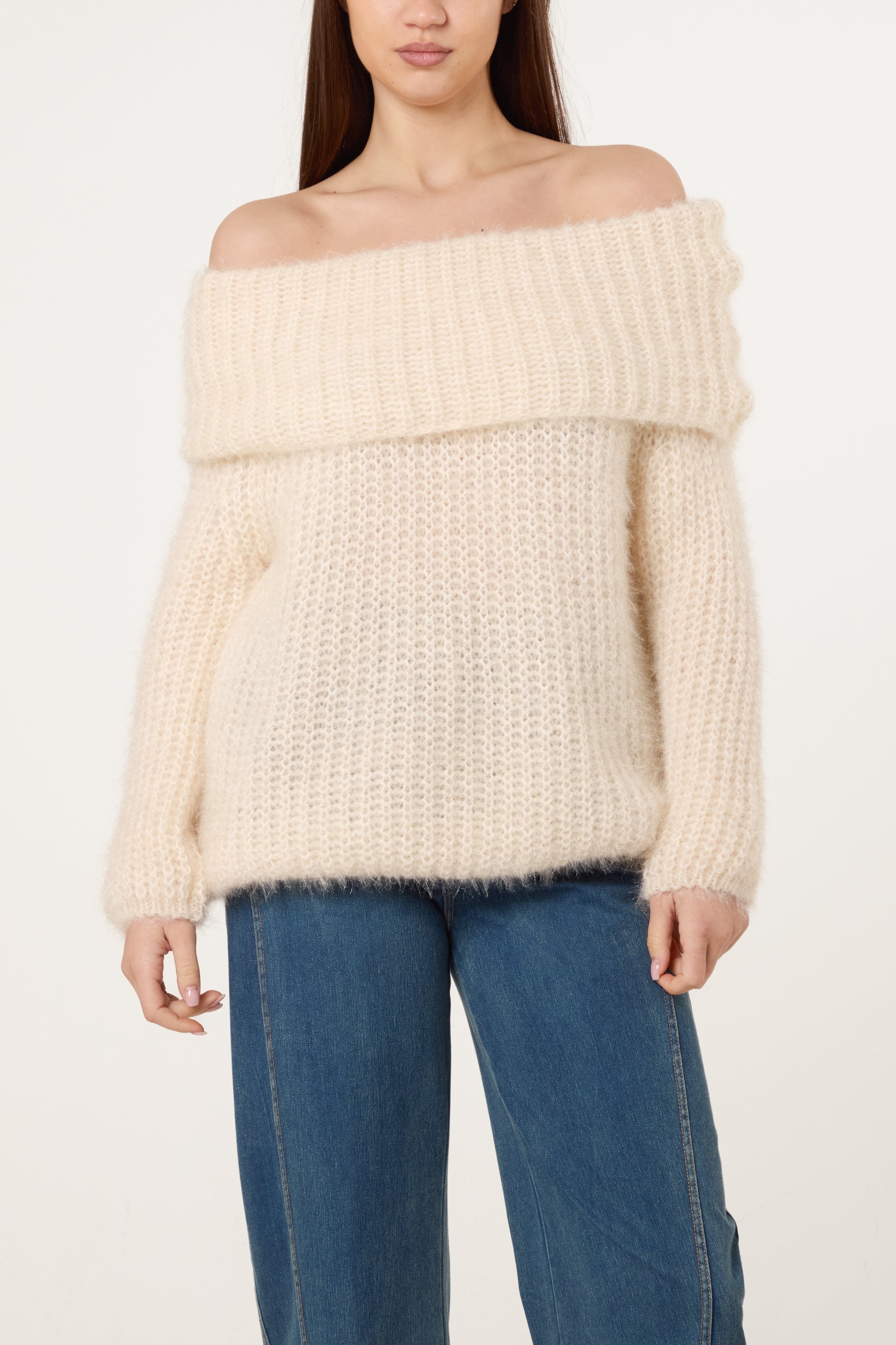 Fluffy Knit Off Shoulders Jumper