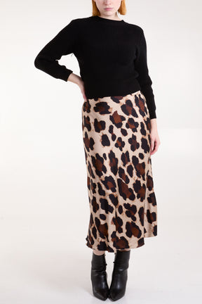 Leopard Print Satin Midi Skirt