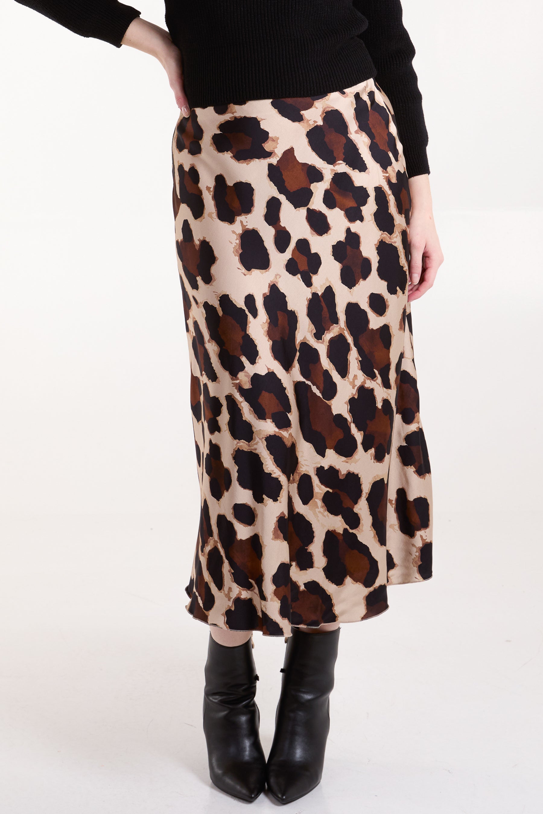 Leopard Print Satin Midi Skirt