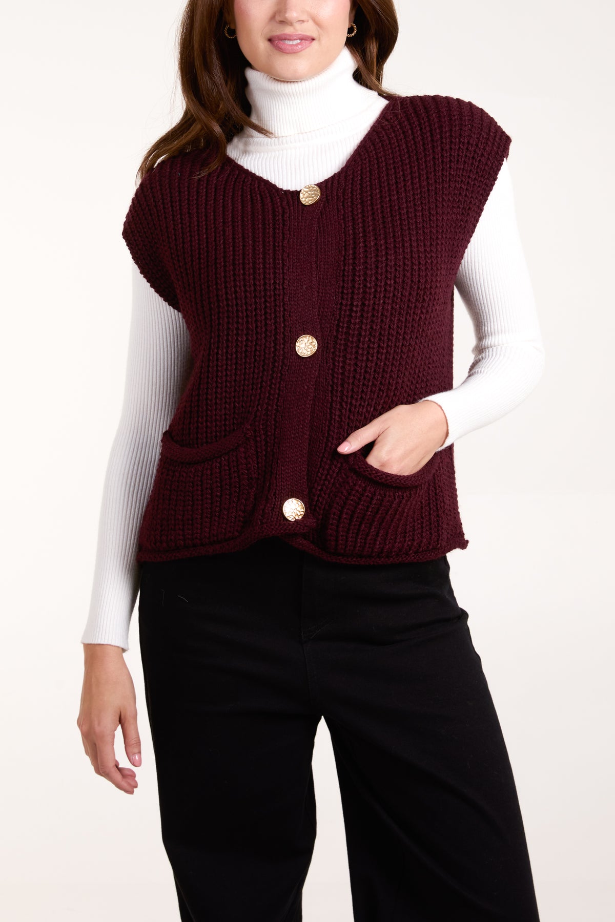 Ribbed Chunky Knit Pockets Waistcoat