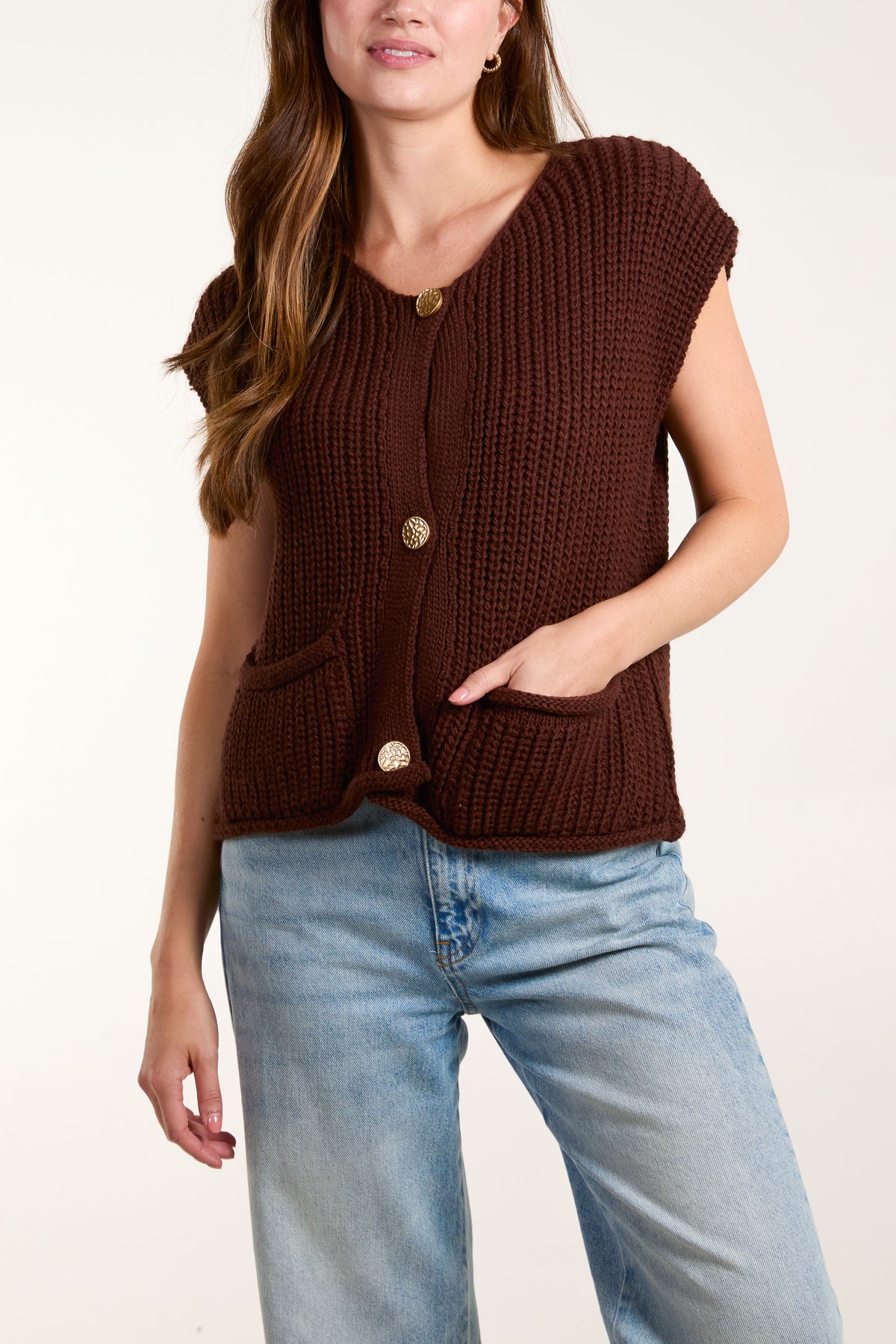 Ribbed Chunky Knit Pockets Waistcoat