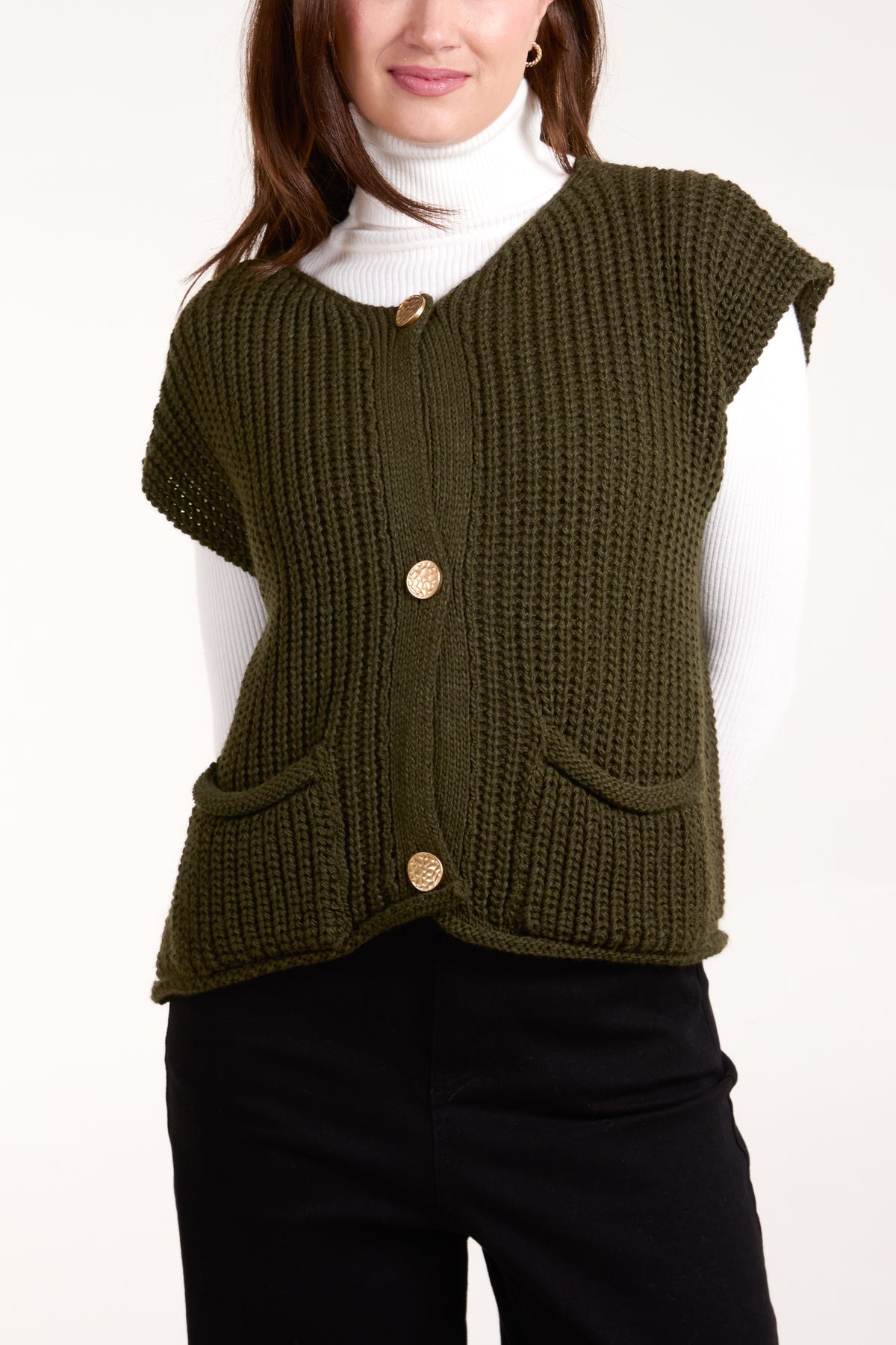 Ribbed Chunky Knit Pockets Waistcoat