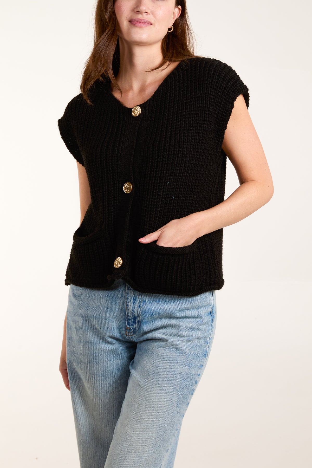 Ribbed Chunky Knit Pockets Waistcoat