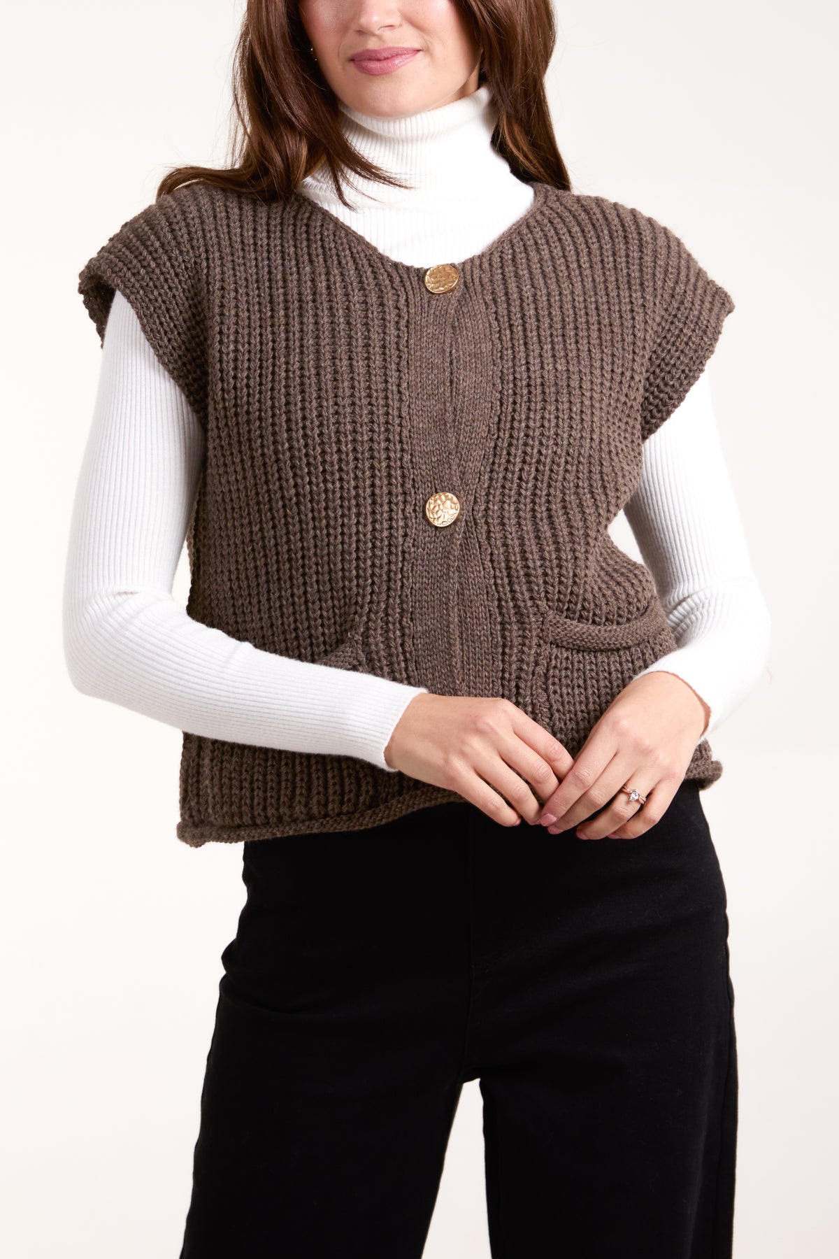 Ribbed Chunky Knit Pockets Waistcoat