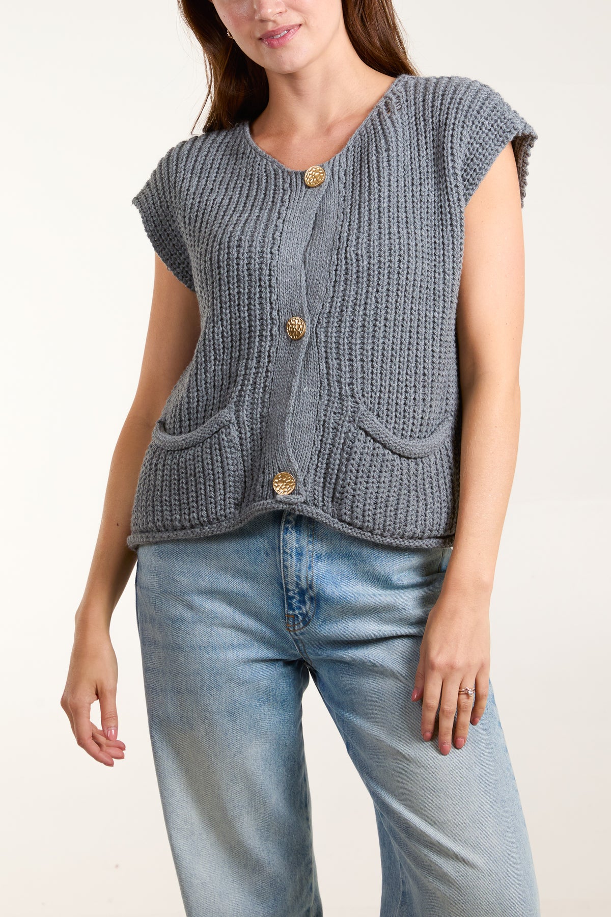 Ribbed Chunky Knit Pockets Waistcoat