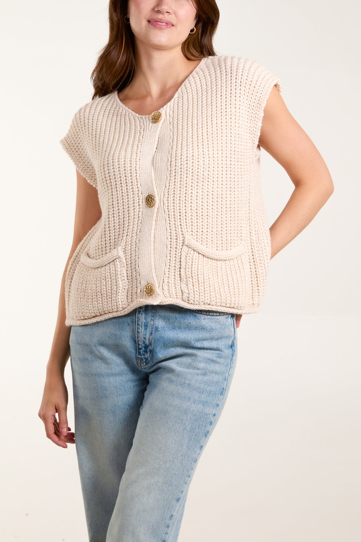 Ribbed Chunky Knit Pockets Waistcoat