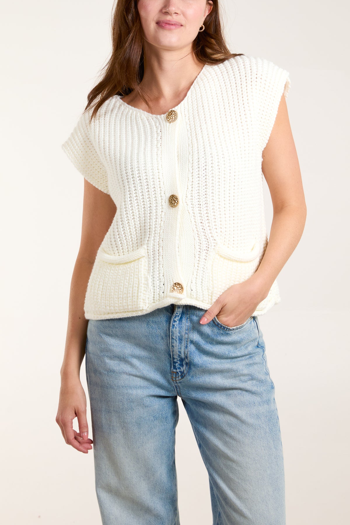 Ribbed Chunky Knit Pockets Waistcoat