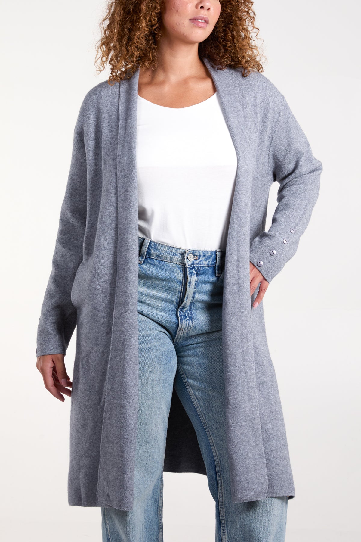 Longline Button Sleeve Pockets Cardigan