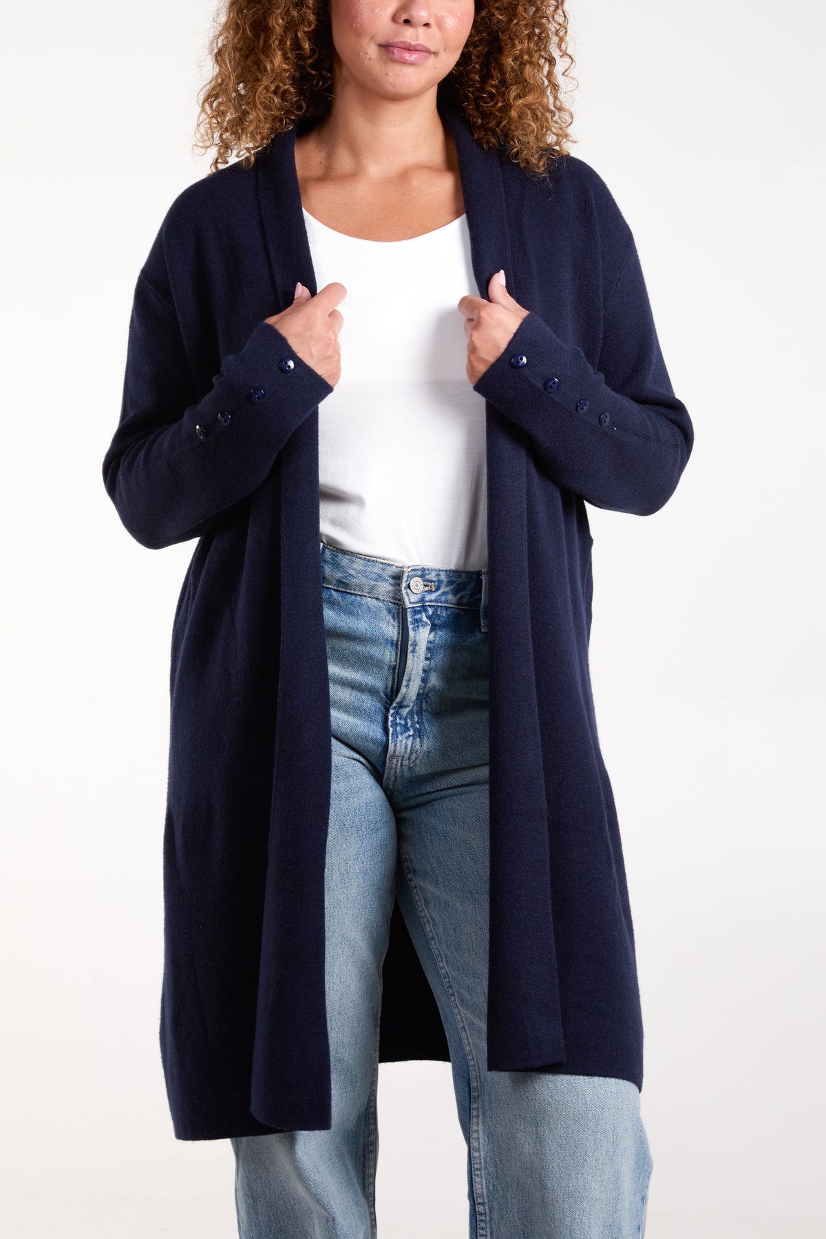 Longline Button Sleeve Pockets Cardigan