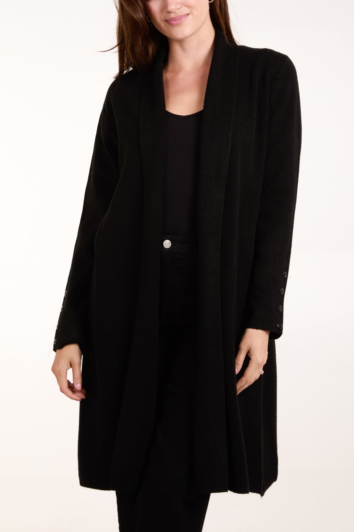 Longline Button Sleeve Pockets Cardigan