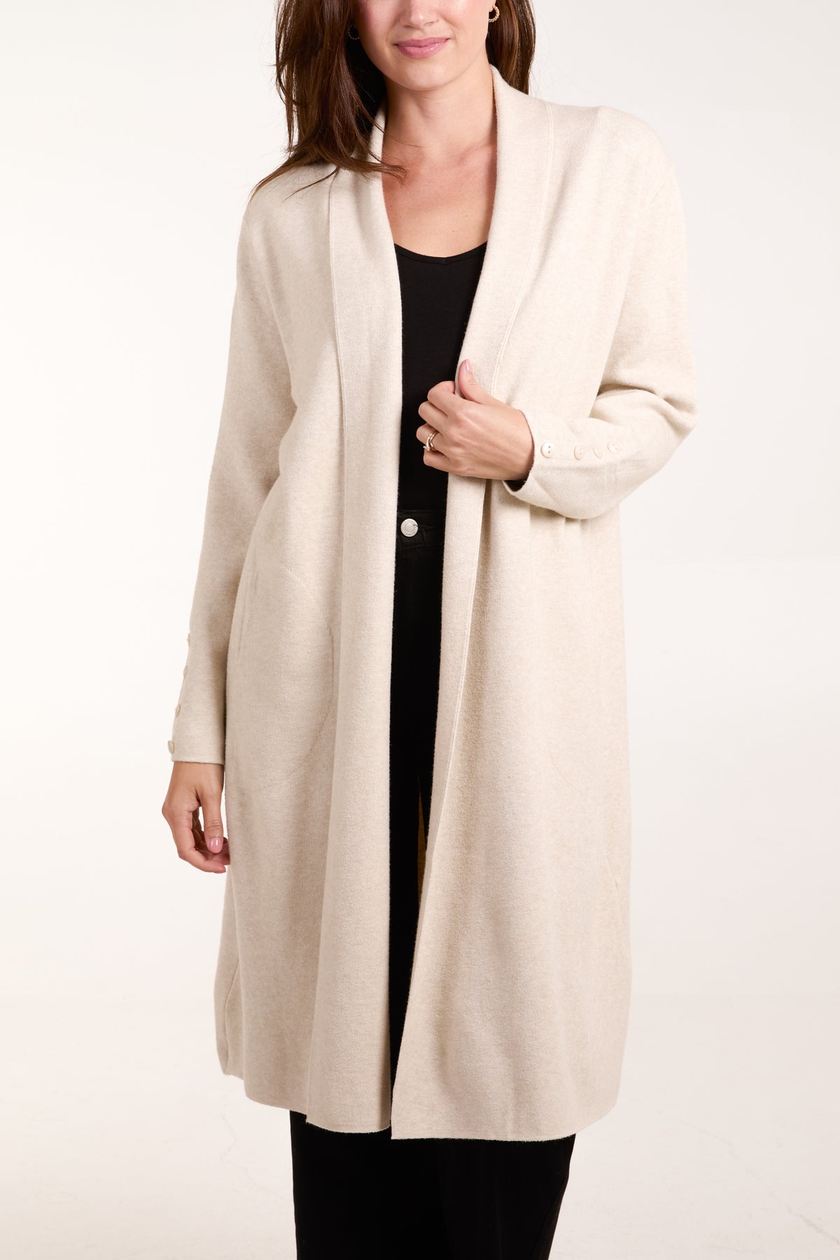 Longline Button Sleeve Pockets Cardigan