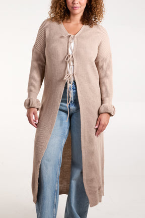 Triple Tie Front Ribbed Long Cardigan