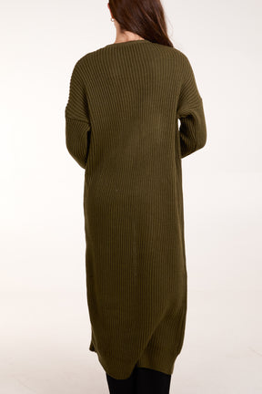 Triple Tie Front Ribbed Long Cardigan