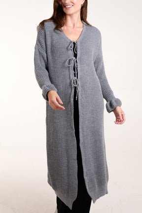 Triple Tie Front Ribbed Long Cardigan