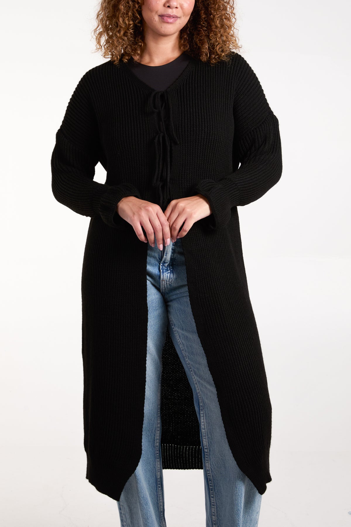 Triple Tie Front Ribbed Long Cardigan