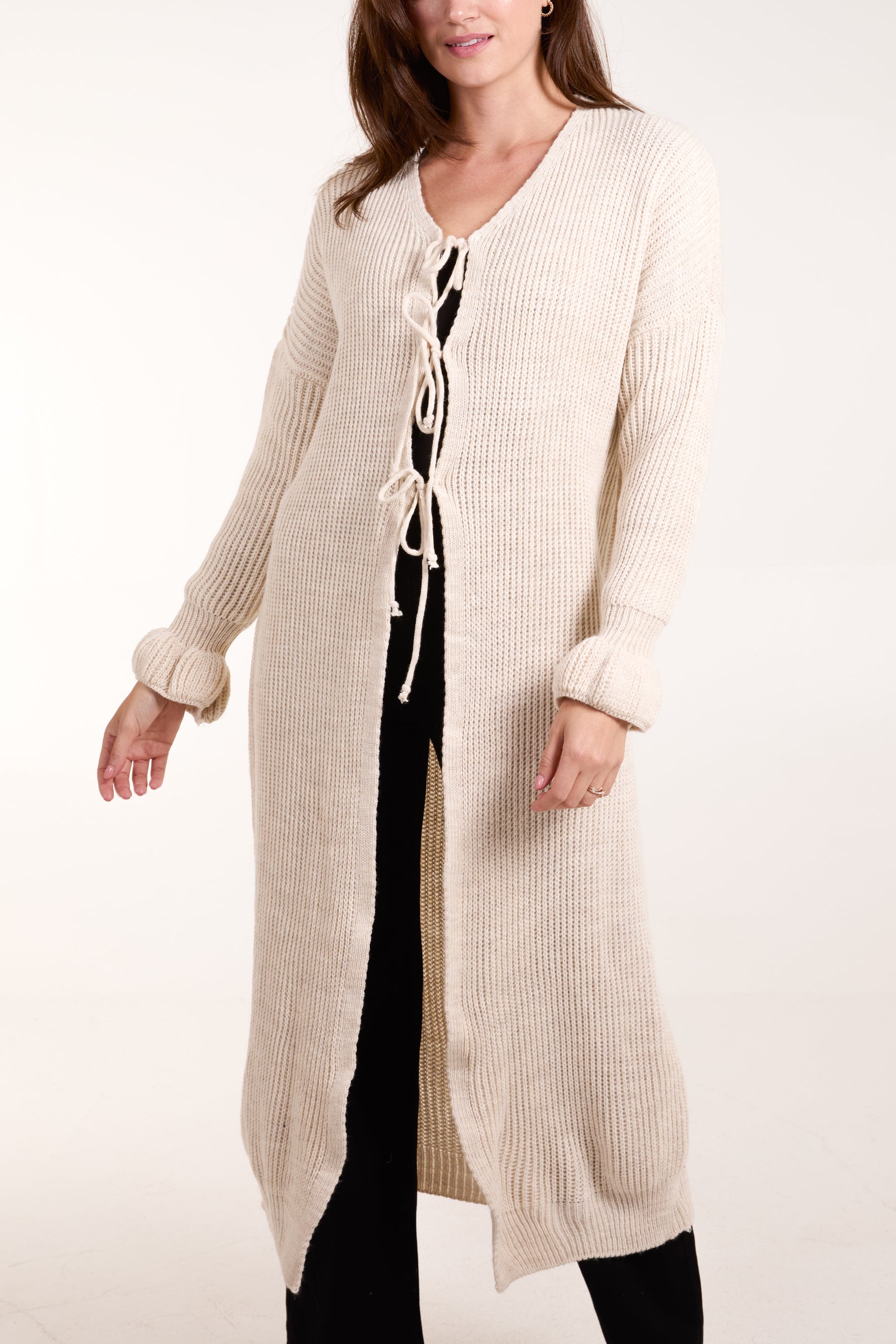 Triple Tie Front Ribbed Long Cardigan