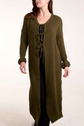 Triple Tie Front Ribbed Long Cardigan