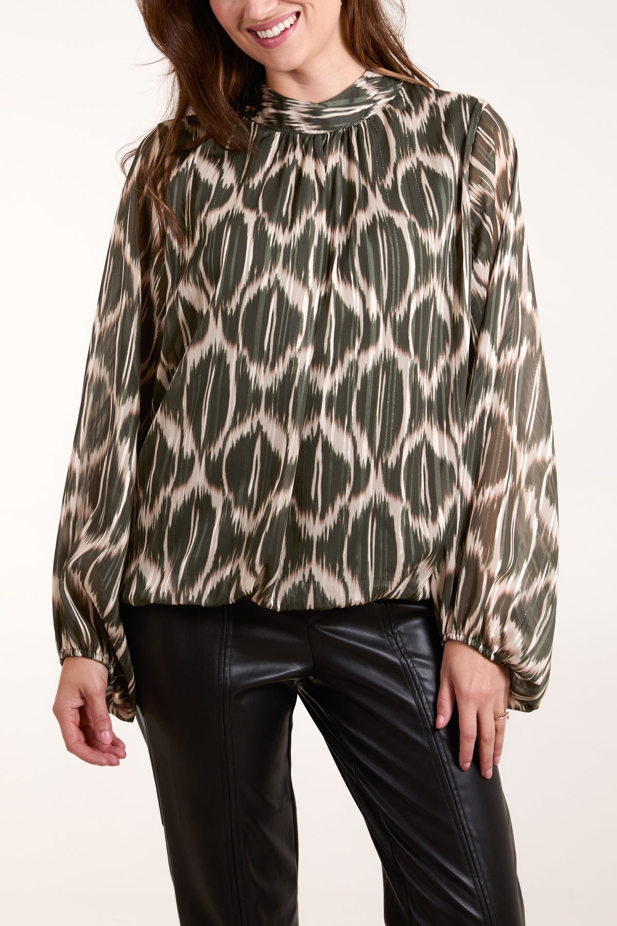 Lurex Geo Print High Neck Blouse