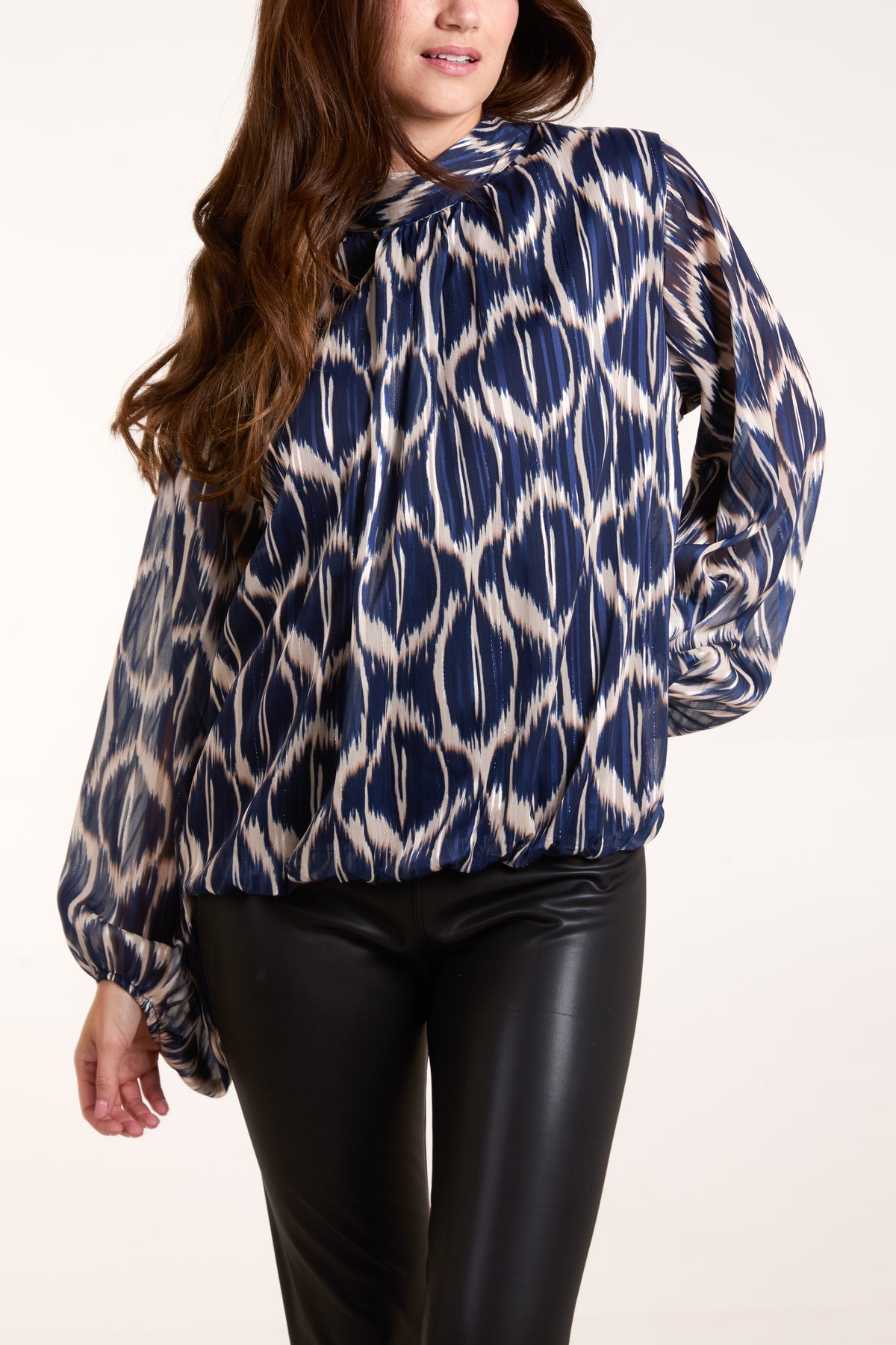 Lurex Geo Print High Neck Blouse