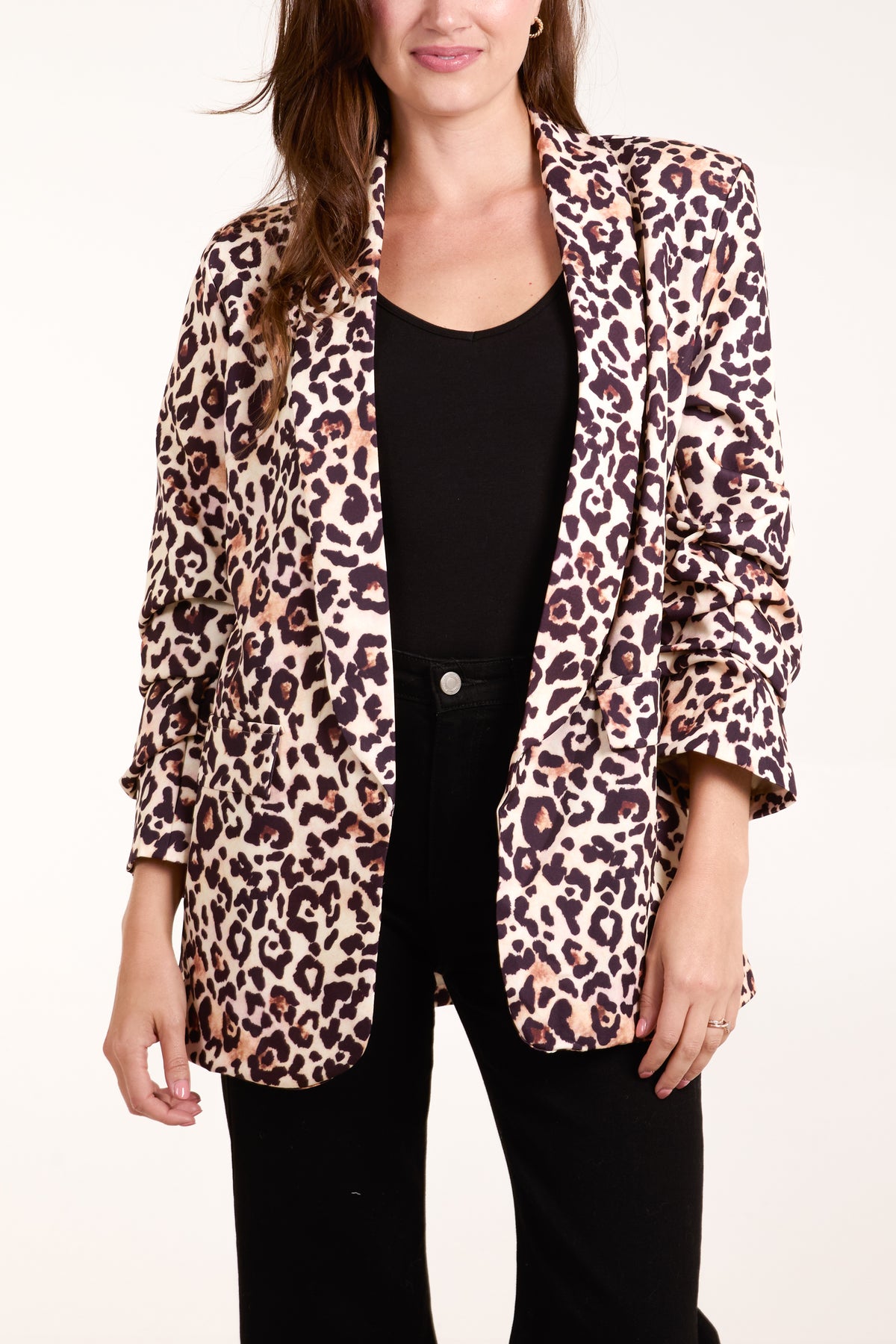 Leopard Print Ruched Sleeve Blazer