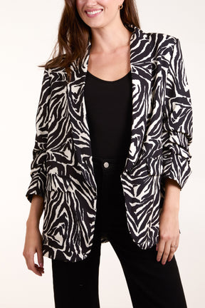 Zebra Print Ruched Sleeve Blazer