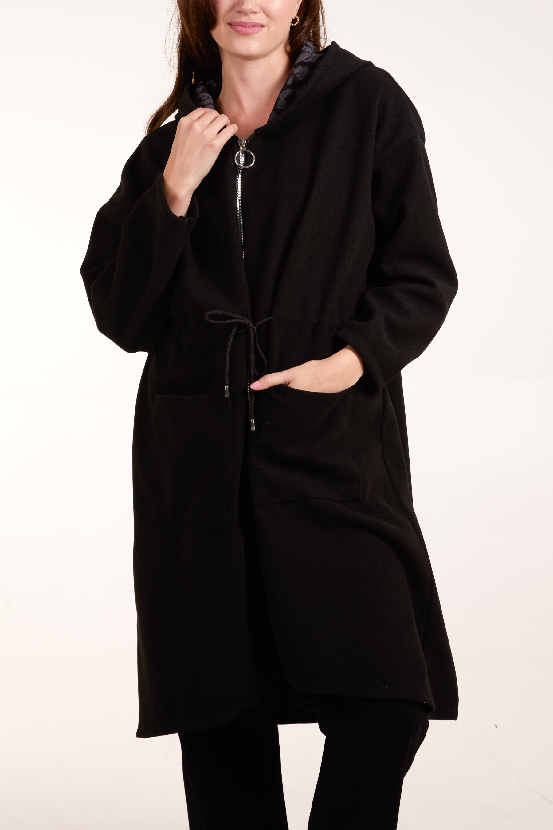 Tie Waist Zip Up Hooded Coat