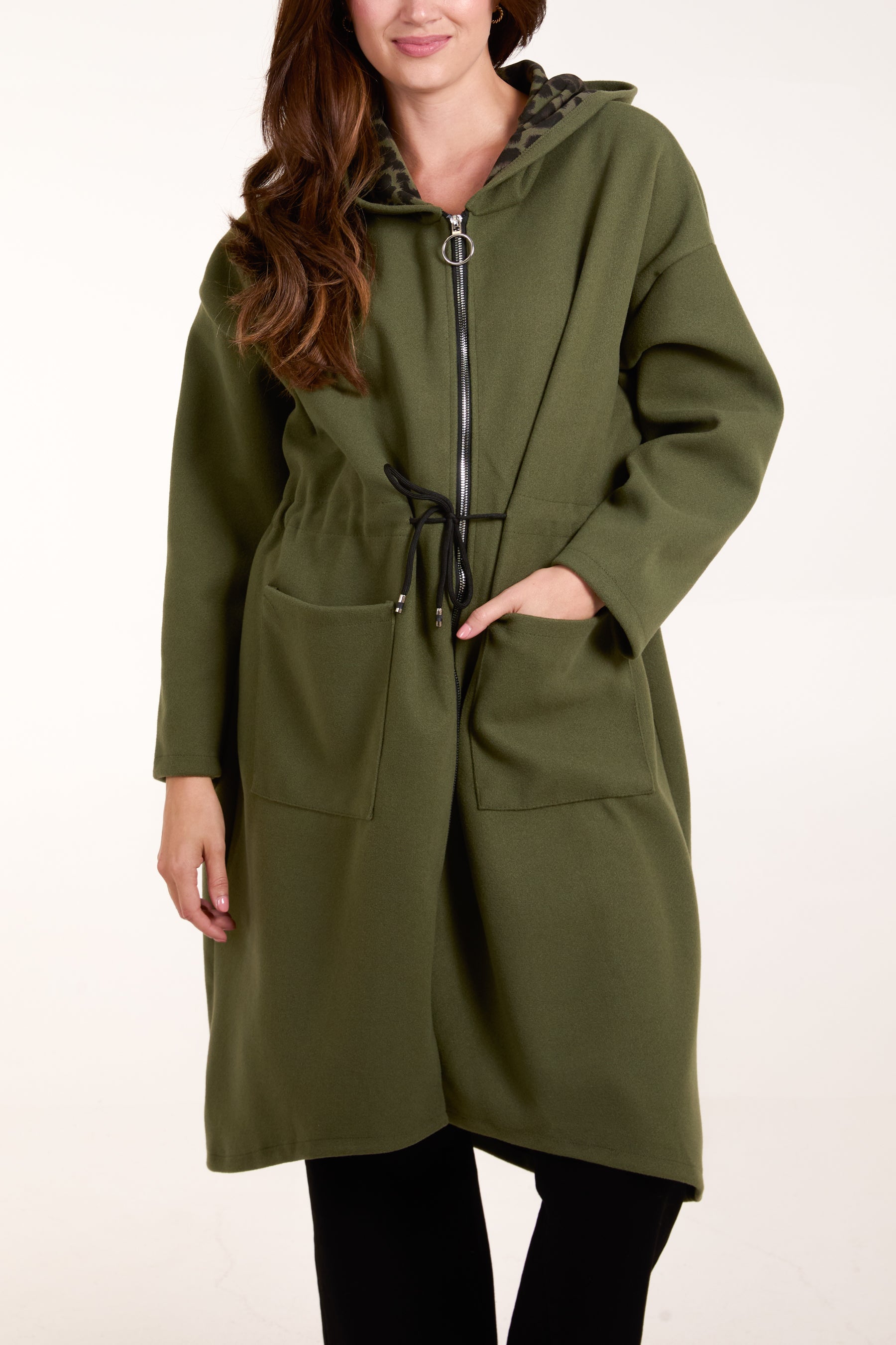 Tie Waist Zip Up Hooded Coat