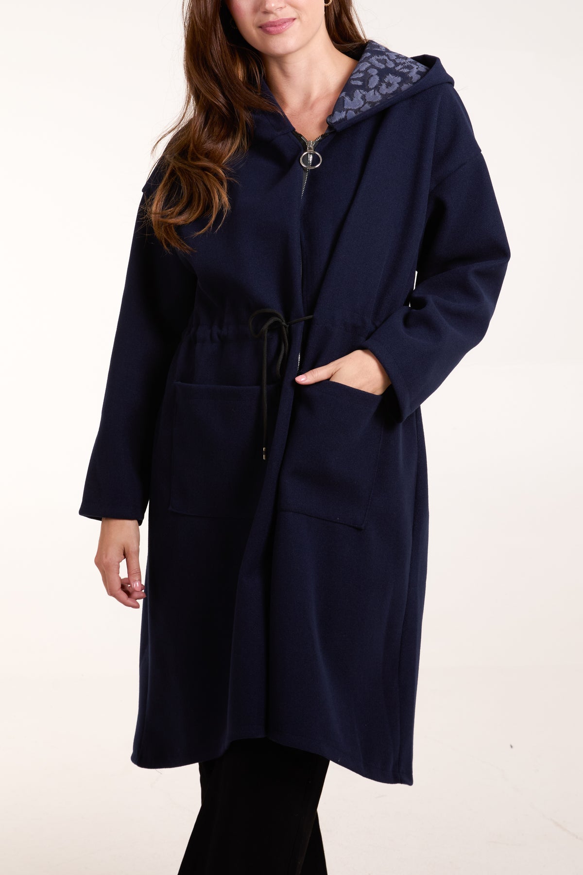 Tie Waist Zip Up Hooded Coat