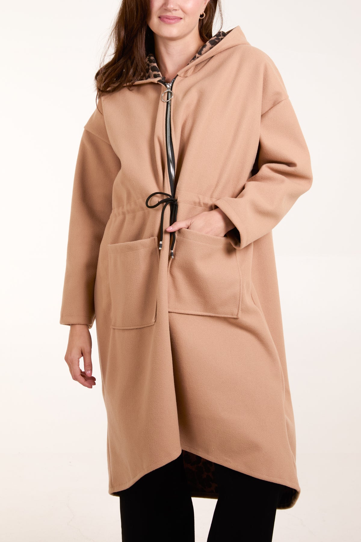 Tie Waist Zip Up Hooded Coat