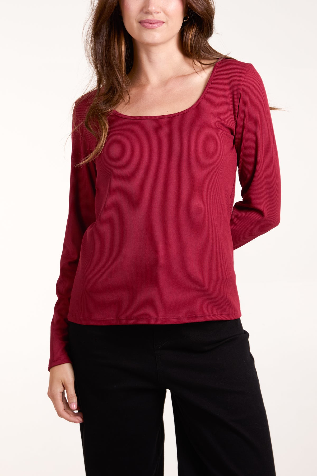 Scoop Neck Ribbed Long Sleeve Top