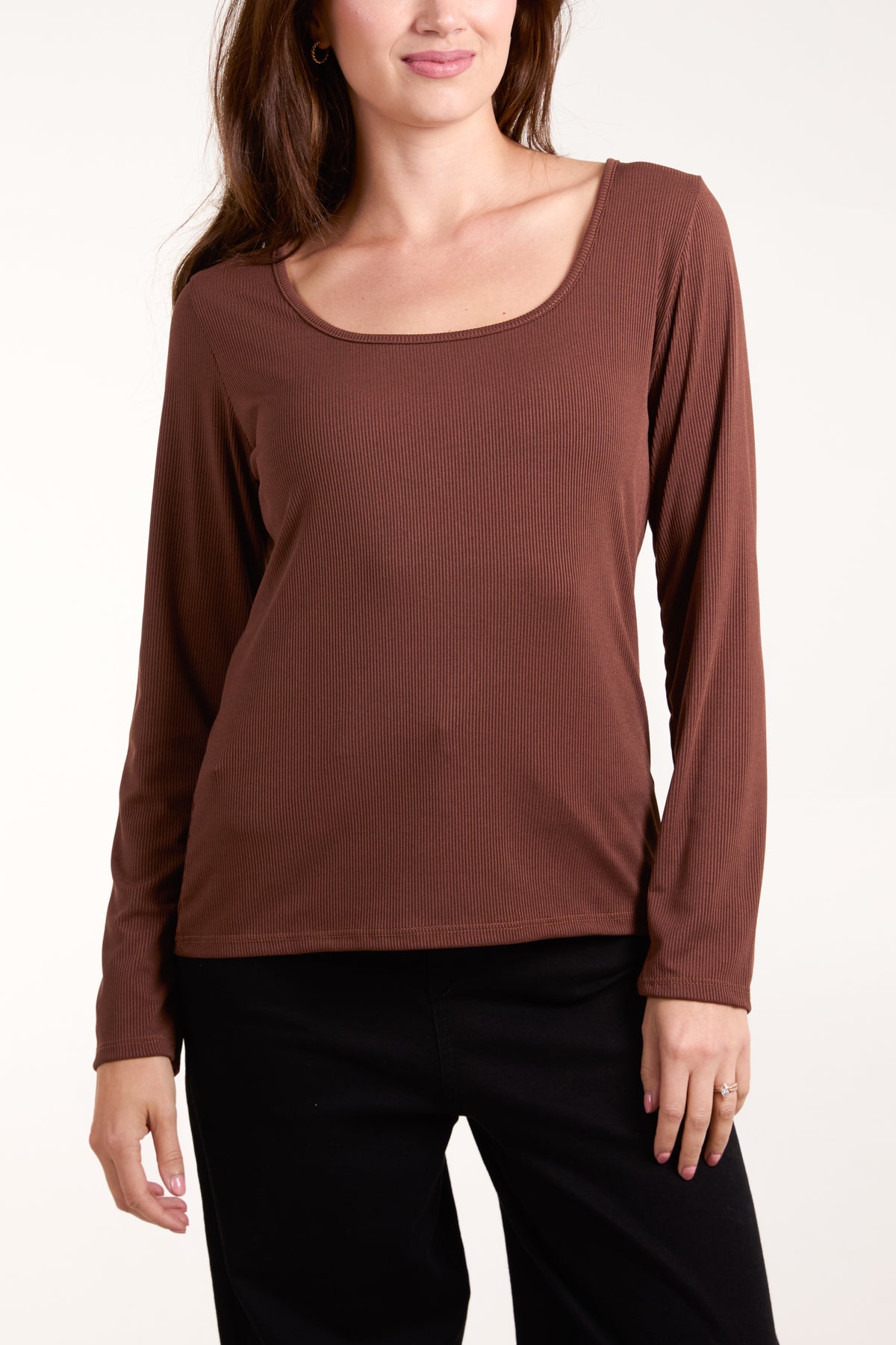 Scoop Neck Ribbed Long Sleeve Top