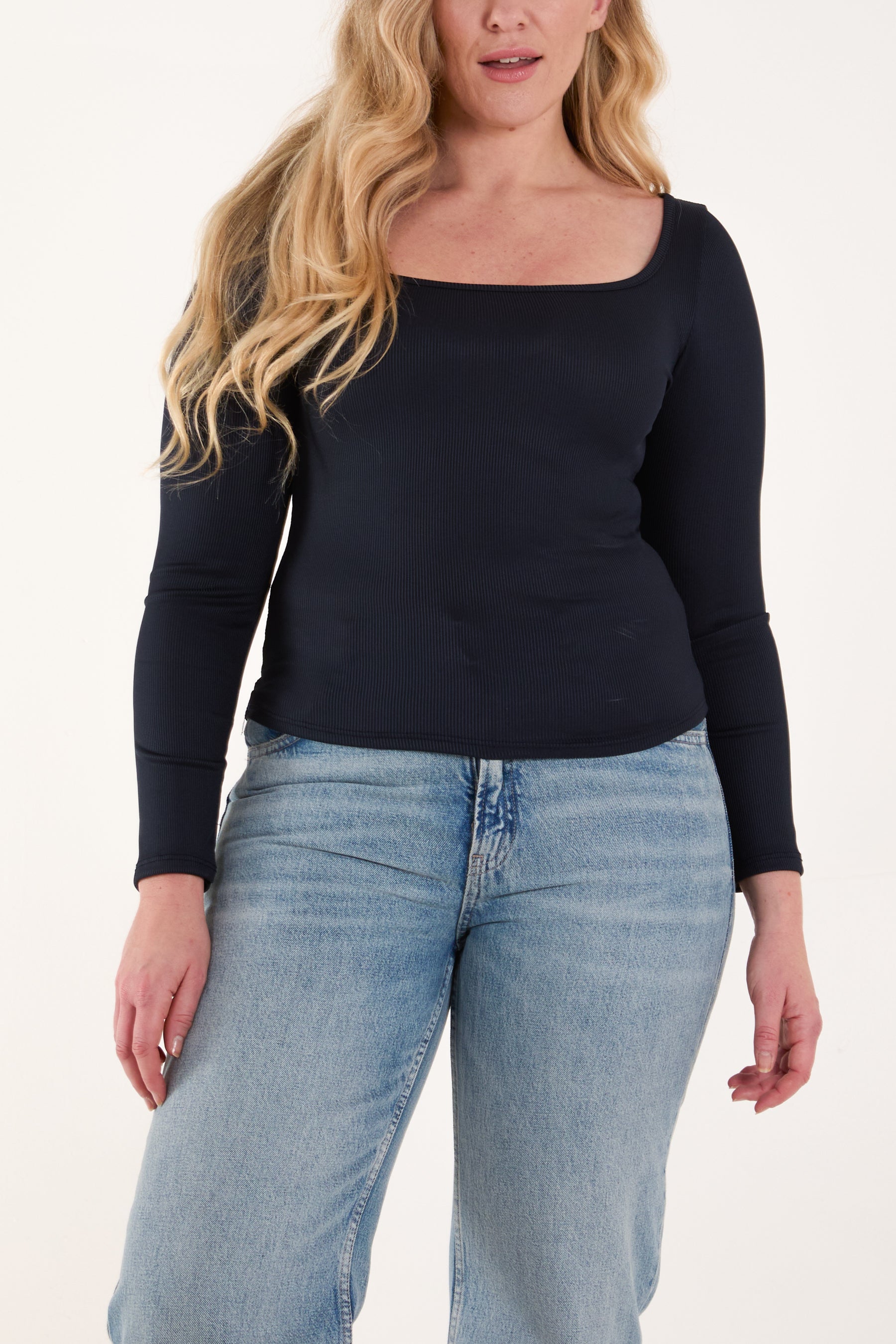 Square Neck Ribbed Long Sleeve Top