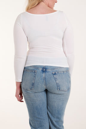 Square Neck Ribbed Long Sleeve Top