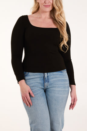 Square Neck Ribbed Long Sleeve Top