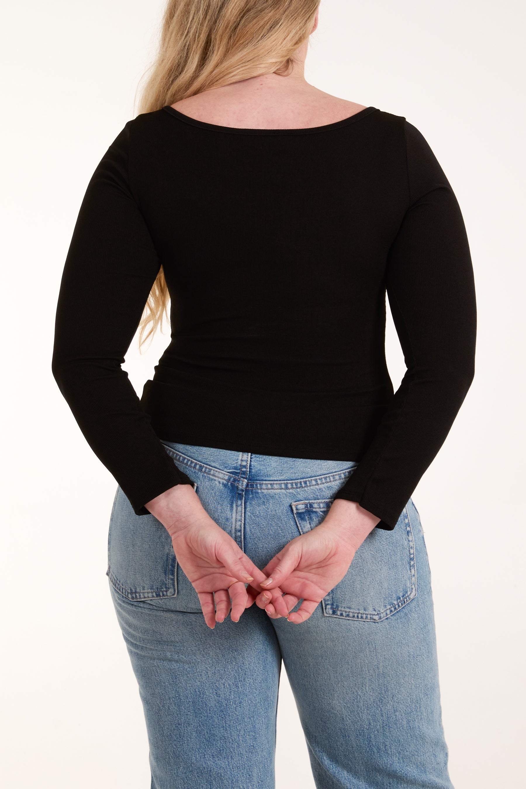 Square Neck Ribbed Long Sleeve Top