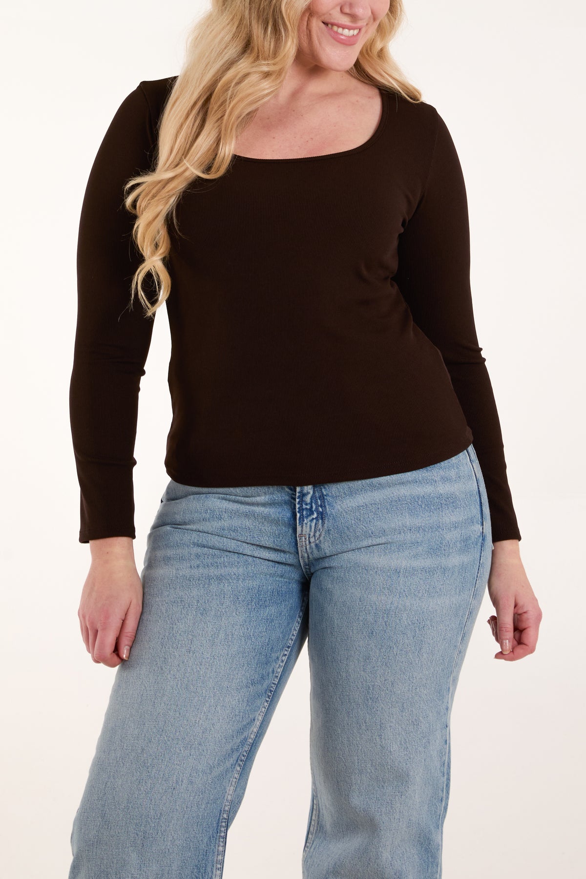 Square Neck Ribbed Long Sleeve Top