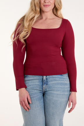 Square Neck Ribbed Long Sleeve Top