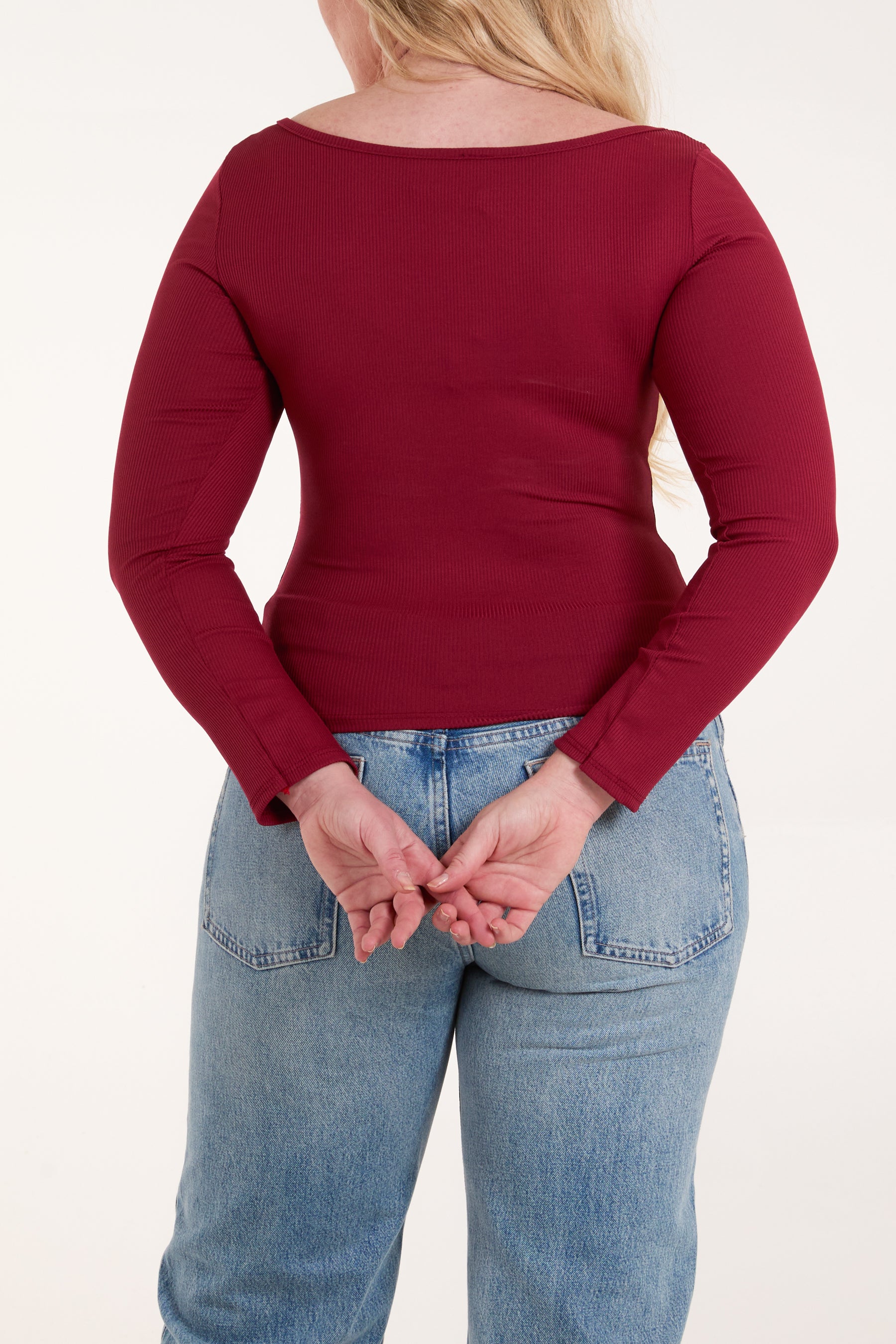 Square Neck Ribbed Long Sleeve Top