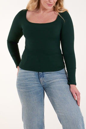 Square Neck Ribbed Long Sleeve Top