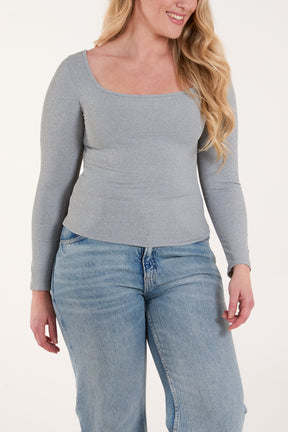 Square Neck Ribbed Long Sleeve Top