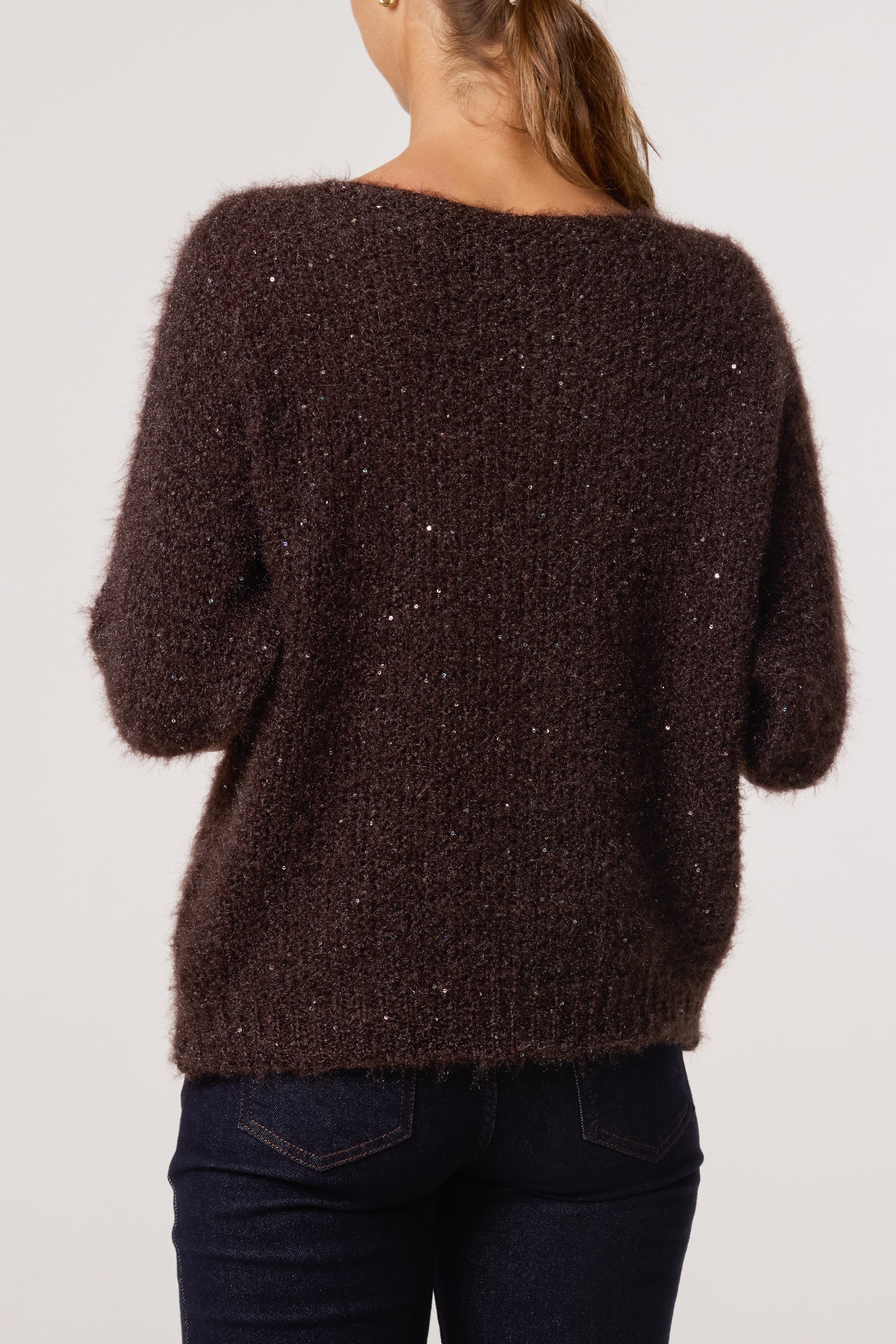 Sequins Fluffy Knit 3/4 Sleeve Jumper