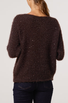 Sequins Fluffy Knit 3/4 Sleeve Jumper