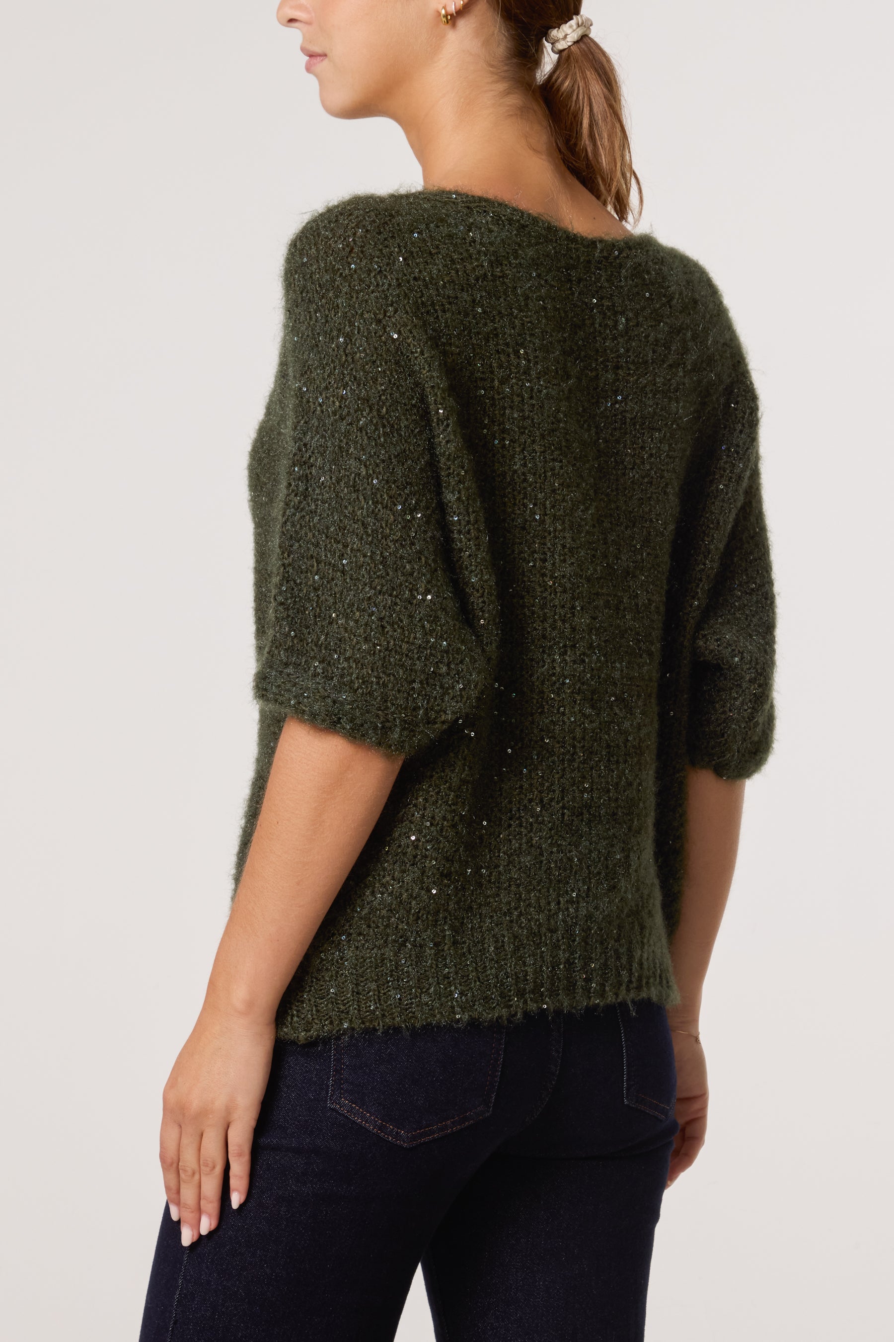Sequins Fluffy Knit 3/4 Sleeve Jumper